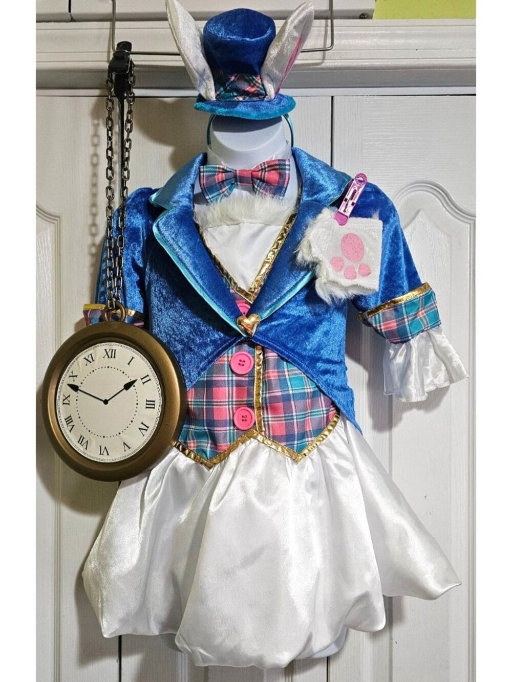 White Rabbit Down the Rabbit Hole Costume Girl 8 Dress Ear Hat Clock Watch Prop